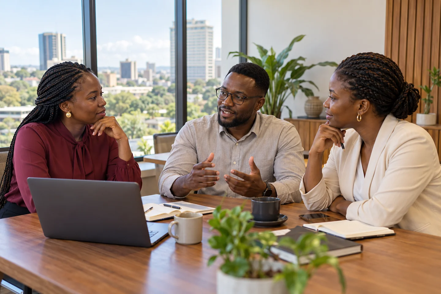 AI-generated illustration of Zambian professionals discussing workplace priorities
